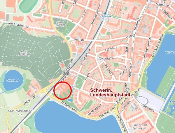 Kartenausschnitt Anfahrt Schwerin (Interner Link: Anfahrt und Gebäude StALU WM)